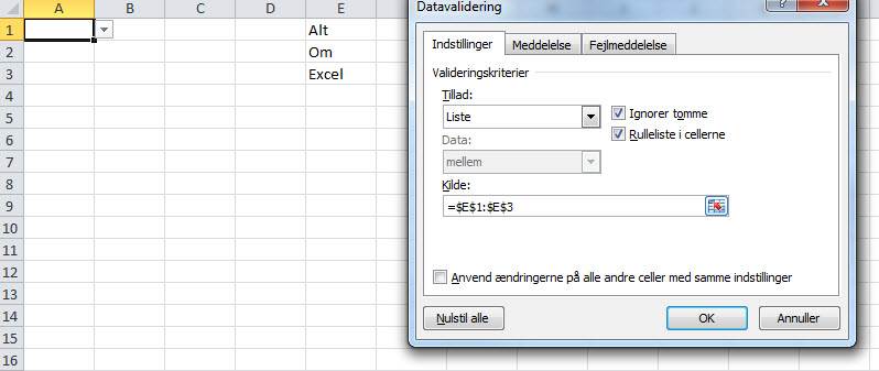 Excel dropdown boks