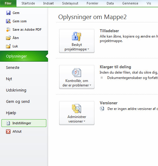 Skifte sprog i Excel