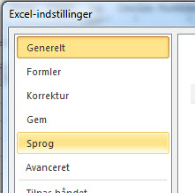 Skifte sprog i Excel