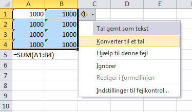 Hvorfor vil excel ikke lægge tal sammen